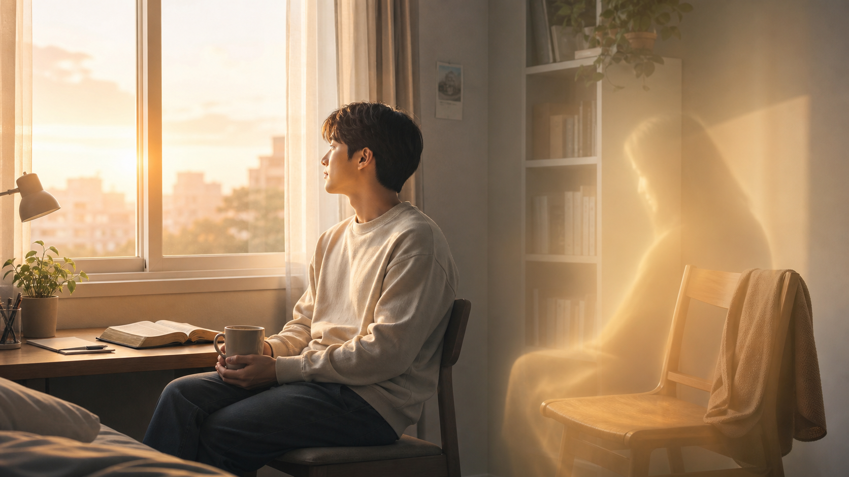 따뜻한 새벽빛 속에서 예수님과의 관계를 조용히 돌아보는 사람